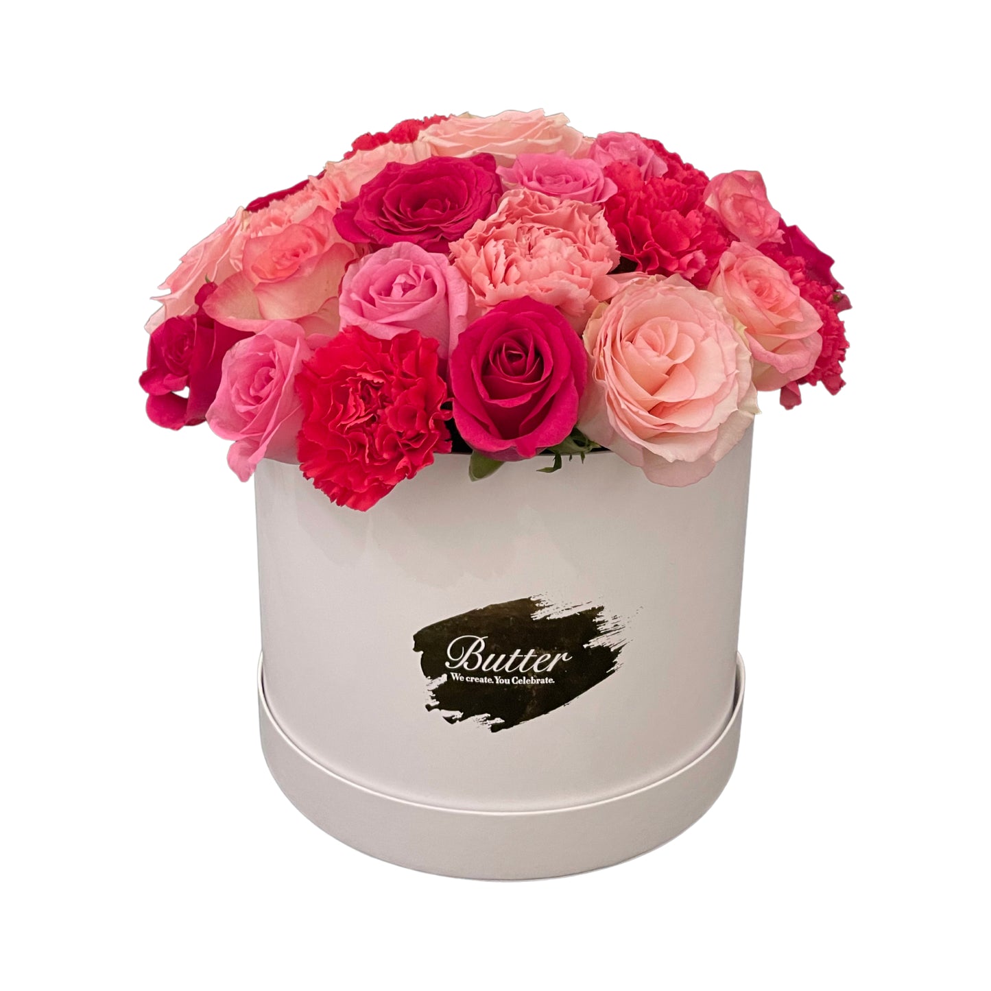 A white round hatbox featuring a blend of pink roses and carnations.